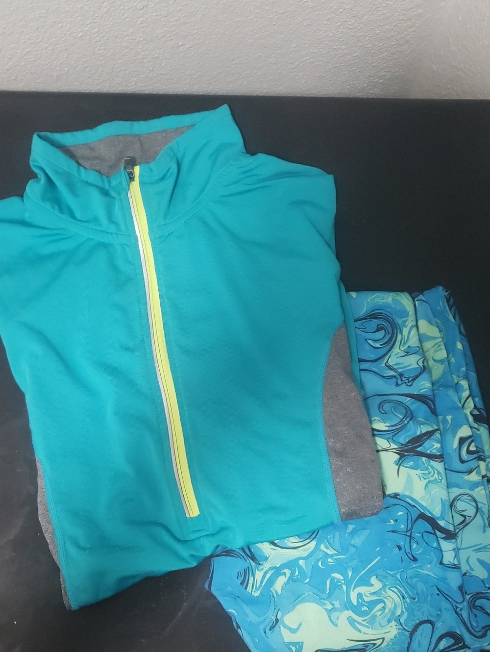 Kids Teal Zip-Front Swim Top with Blue Patterned Swim Bottoms